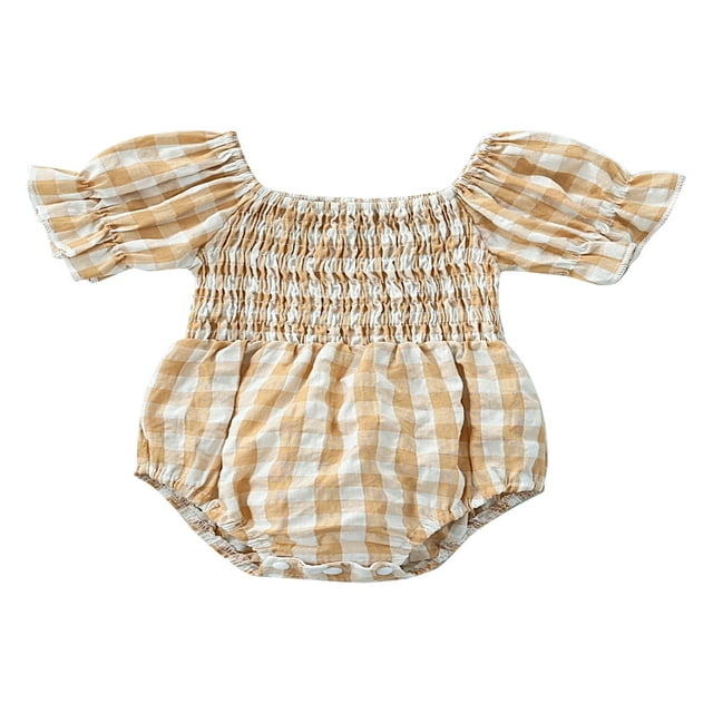 Baby Short Sleeve Romper with Plaid Pattern Sweet Style Color Matching Summer Clothing