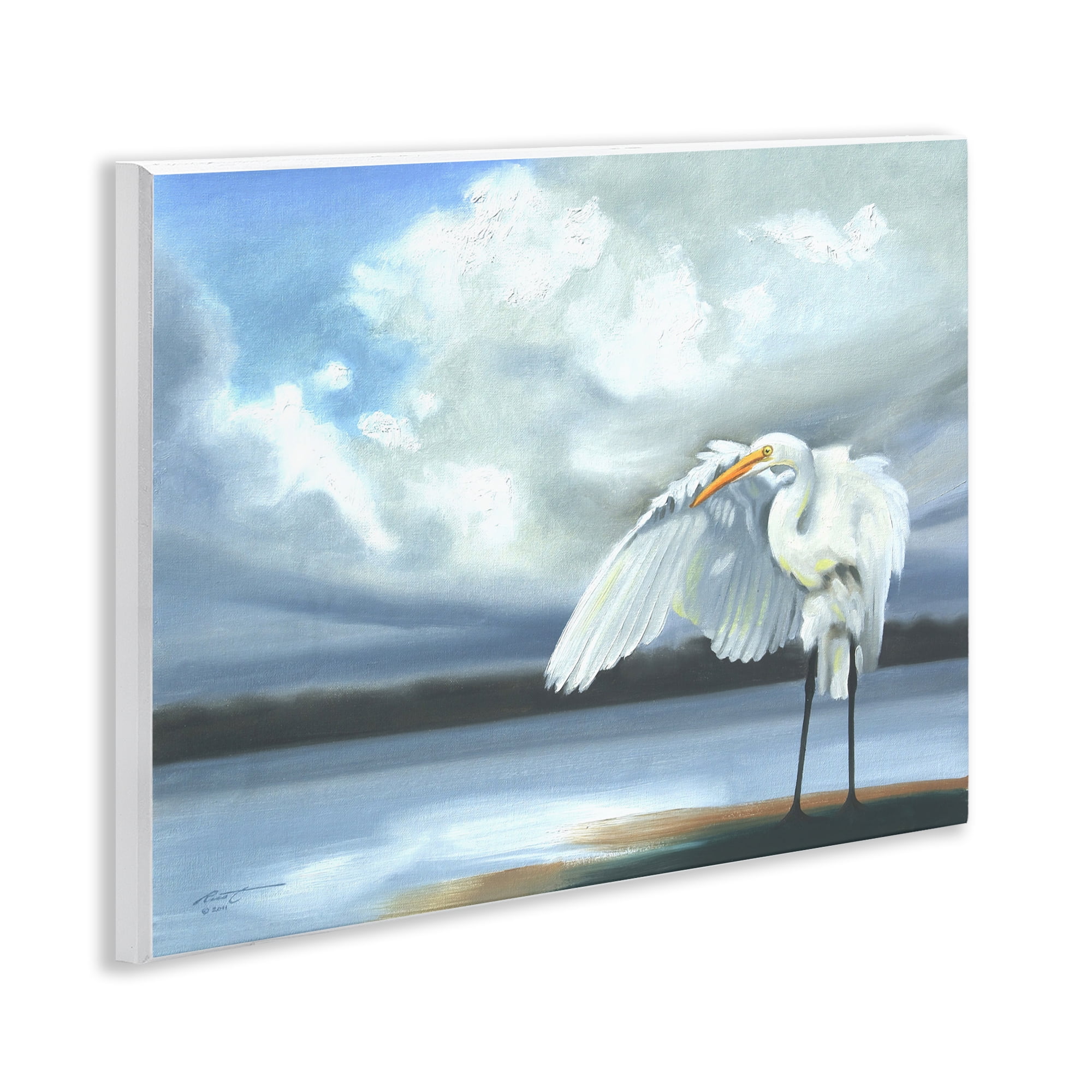 Stupell Industries Egret on Cloudy Beach Shore Animals & Insects Painting Unframed Art Print Wall Art, 14 x 11