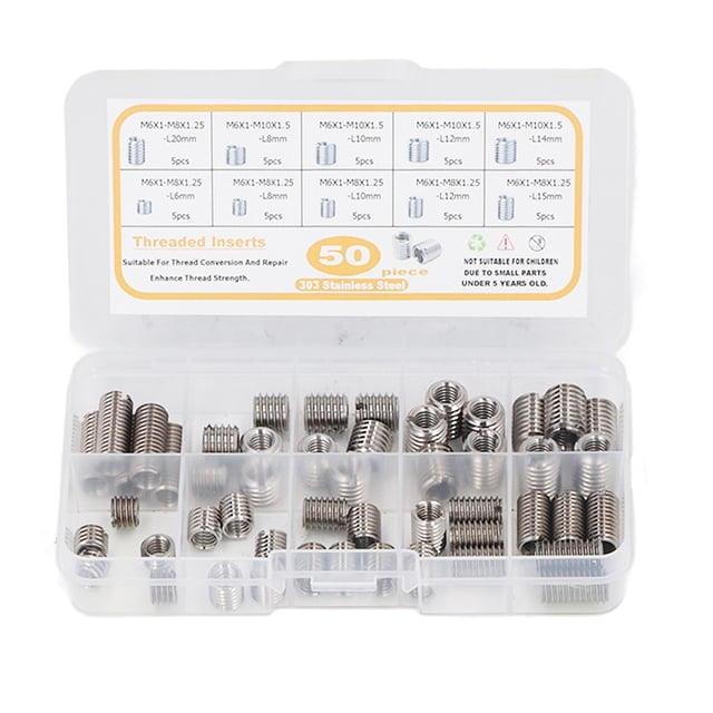 50PCS Threaded Insert Set 303 Stainless Steel Wear Resistant Shockproof M6X1 Nut Insert
