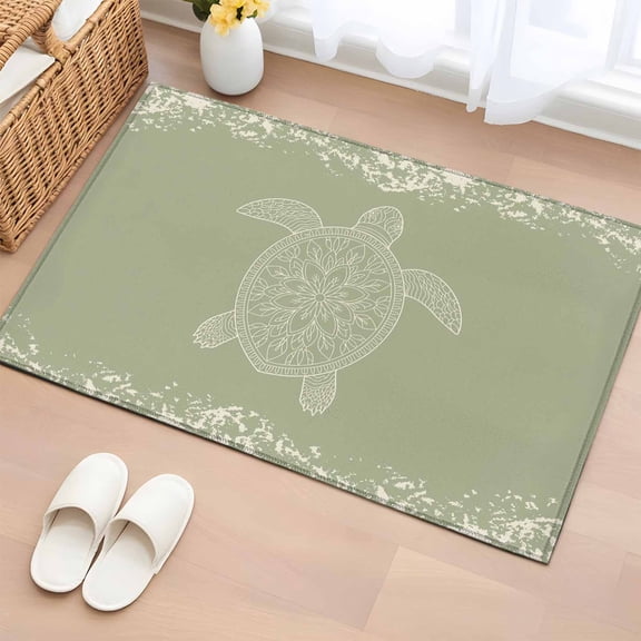 Turtle Green Bathroom Rug Washable 2x3 Entryway Rug Non Slip Coastal Ocean Boho Flower Retro Mottled Front Door Mat Low Pile Indoor Doormat Throw Floor Carpet for Kitchen Bedroom Entrance