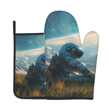 

Junzan Astronaut Contemplating Planet Pattern Oven Mitts and Pot Holders 2 pcs Set Potholders BBQ Gloves Long Kitchen Oven Glove for Cooking Baking Grilling (2-Piece Set 11 Inch)