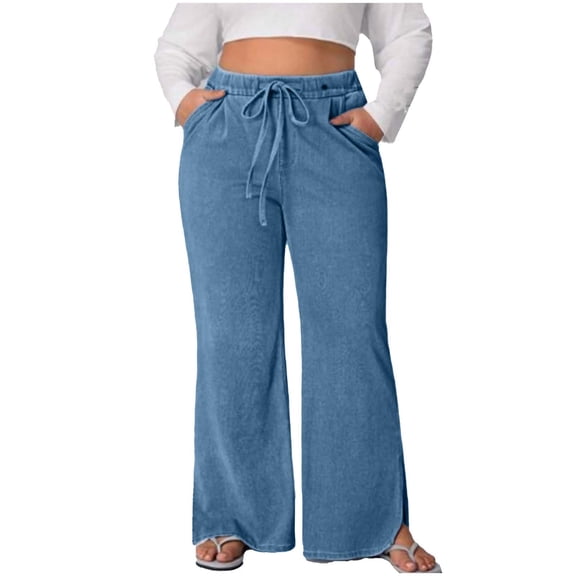 Elastic Waist Jeans for Women High Waisted Side Slit Wide Leg Womens Jeans with Pockets Strechy Drawstring Pull On Denim-Like Pants Baggy Loose Fit Denim Pants