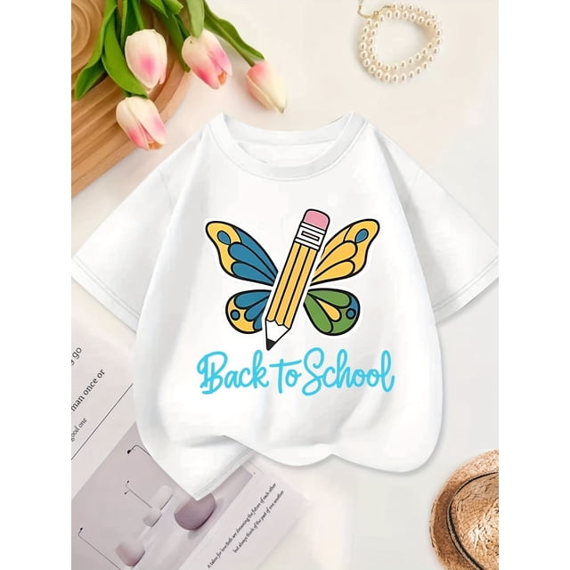 Back to School Graphic Tee for Girls - "Back to School" Design with Pencil and Butterfly, Soft Cotton, Short Sleeve, Casual Summer T-Shirt, School uniform Tee | Playful Print | Comfortable