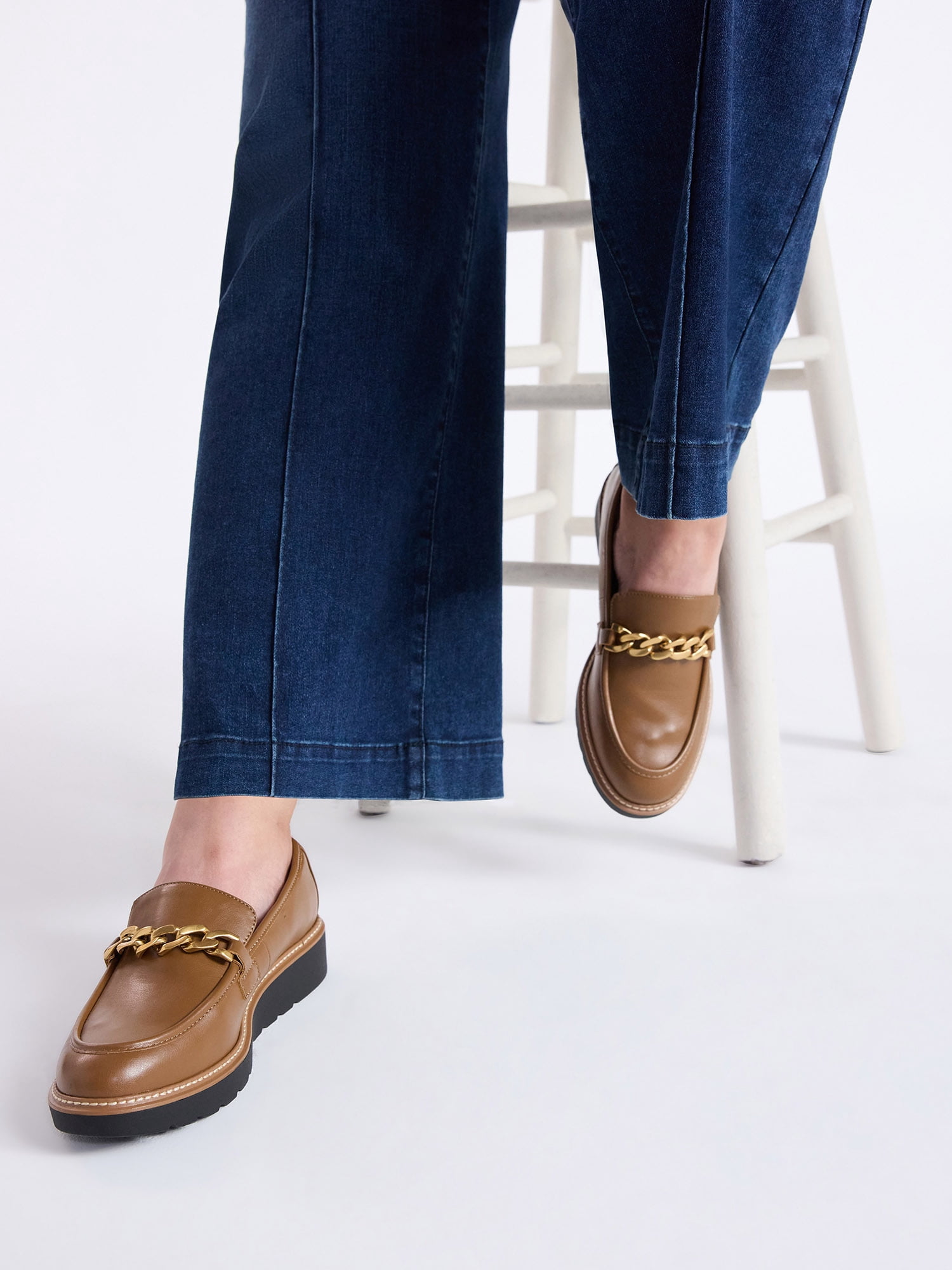 Time and Tru Women's Faux Leather Comfort Loafers with Chain Accent, Wide Width