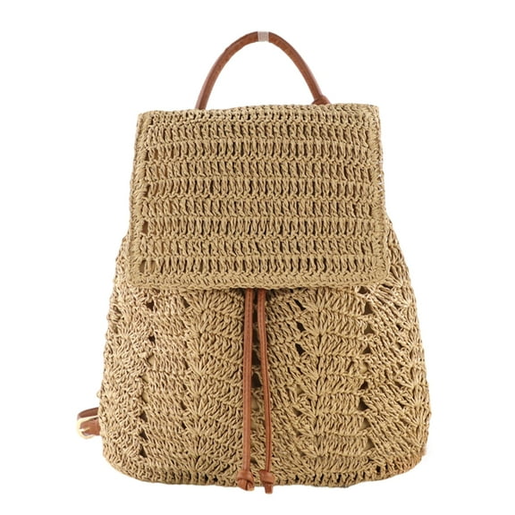 Women Straw Beach Drawstring Backpack Bohemian Bucket Shoulder Bag (Coffee)