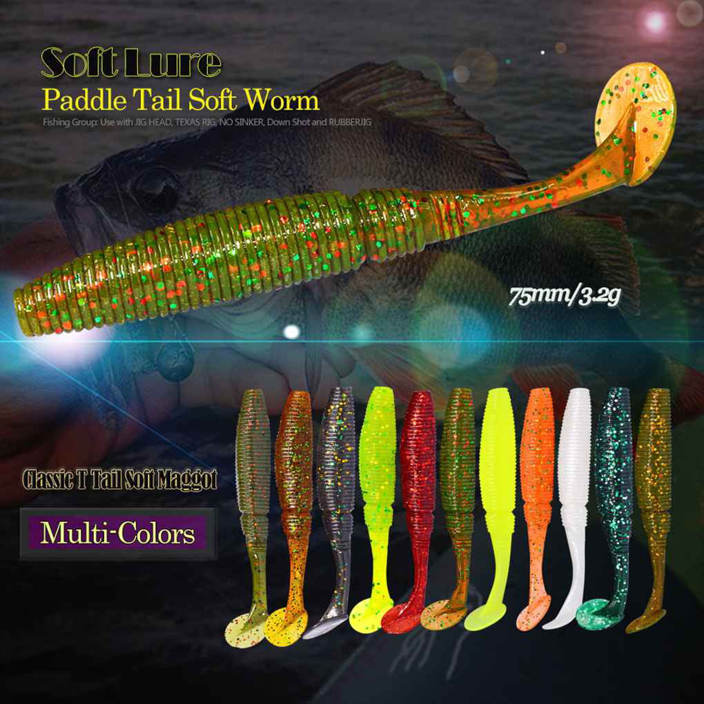A FISH LURE 6PCS T Tail Soft Worm 75mm Paddle Tail Wobbler Fishing Lure for  Bass Fishing Bait Grub Fake Swimbait 