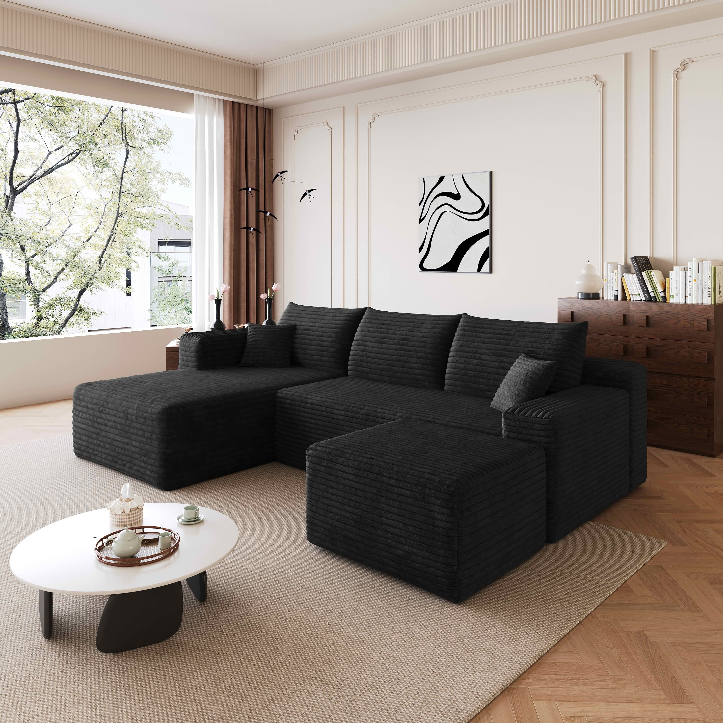 MAYEERTY 95 Inch Cloud U Shaped Sectional Sofa with Ottoman, Plush Corduroy Deep Seat Corner Couch, No Assembly Modern Minimalist Sofa for Living Room