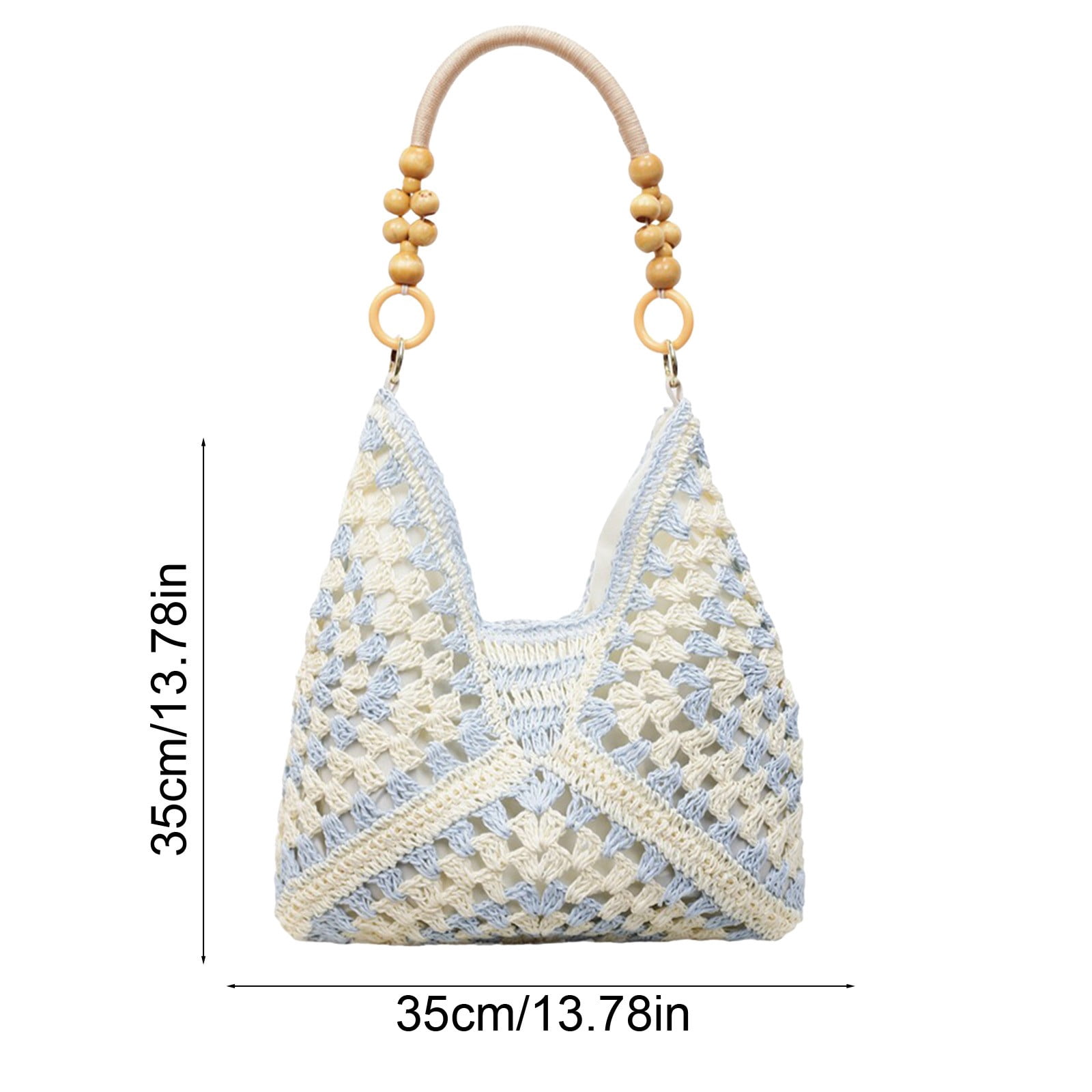SHJHENG Women's Handmade Crochet Tote Bag, Large Capacity Woven Shoulder Bag with Wooden Beaded Handle, Openwork Knit Hobo Handbag, Versatile Commuter Tote