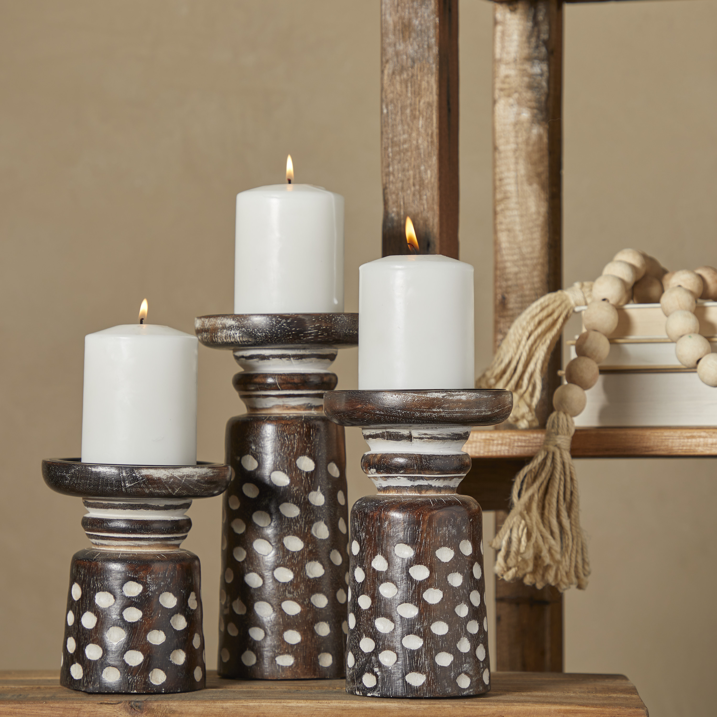 DecMode 3 Candle Dark Brown Mango Wood Round Carved Dotted Pillar Candle Holder, Set of 3