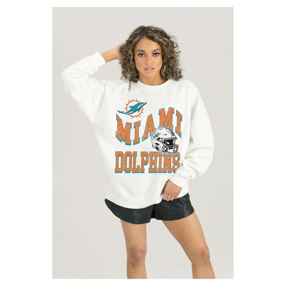 Women's Gameday Couture  White Miami Dolphins Oversized Hard Earned Premium Fleece Pullover Sweatshirt