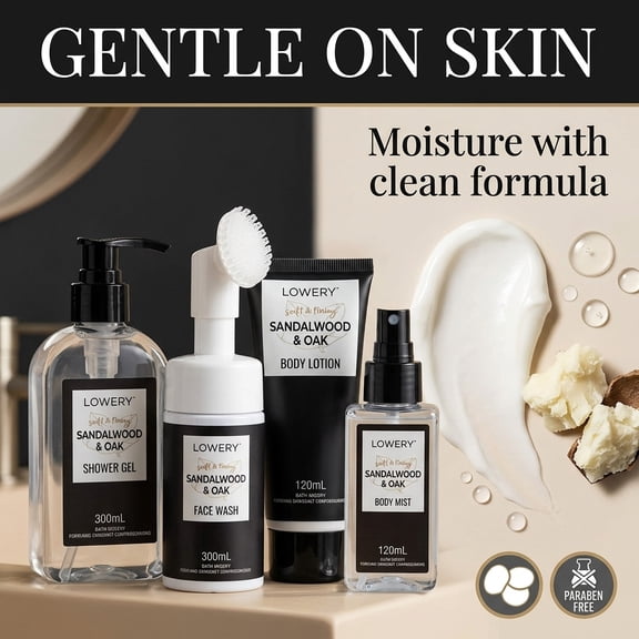 Lovery Christmas Gifts for Men, Sandalwood & Oak Spa Gift Basket with Face Wash & Body Mist, 8 Piece