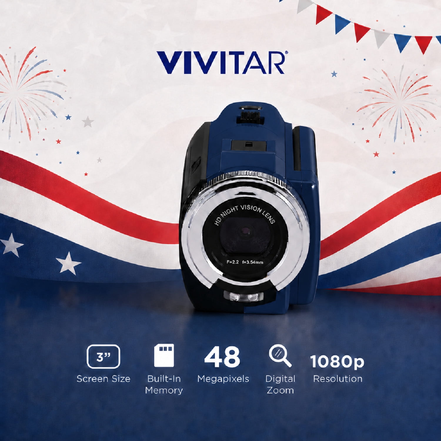 Vivitar PopCam America 250 Digital Camcorder – USA Celebration Edition, Old Glory Blue, 48MP, Full HD 1080P Video, 3" Flip Screen, 16X Digital Zoom Camcorder with Built-in Mic for Vlogging & Travel