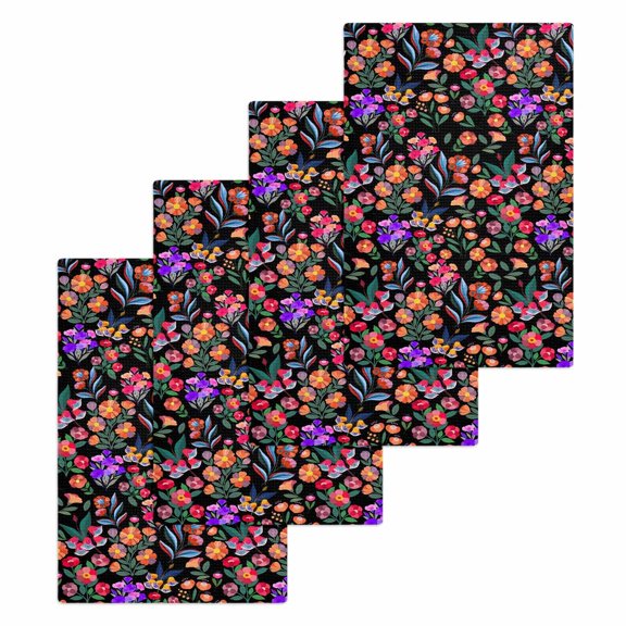 Watercolor Flowers Kitchen Dish Towels for Drying Dishes Set of 4, Retro Spring Floral Botanical Leaves Black Waffle Weave Microfiber Hand Tea Bathroom Towels Quick Dry & Absorbent Towel 15.7x23.6