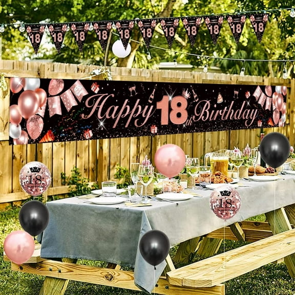 18 Birthday Decorations, 18th Birthday Decorations for Girls Women, Black Rose Gold 18th Happy Birthday Banner with Balloons, 18 Years Old Birthday Backdrop Yard Signs Eighteen Birthday Decor Supplies