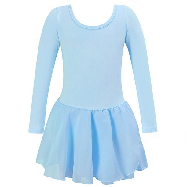 Vestido de manga larga con cuello redondo para niña, color liso, cuello redondo, mangas largas, falda elástica con volantes