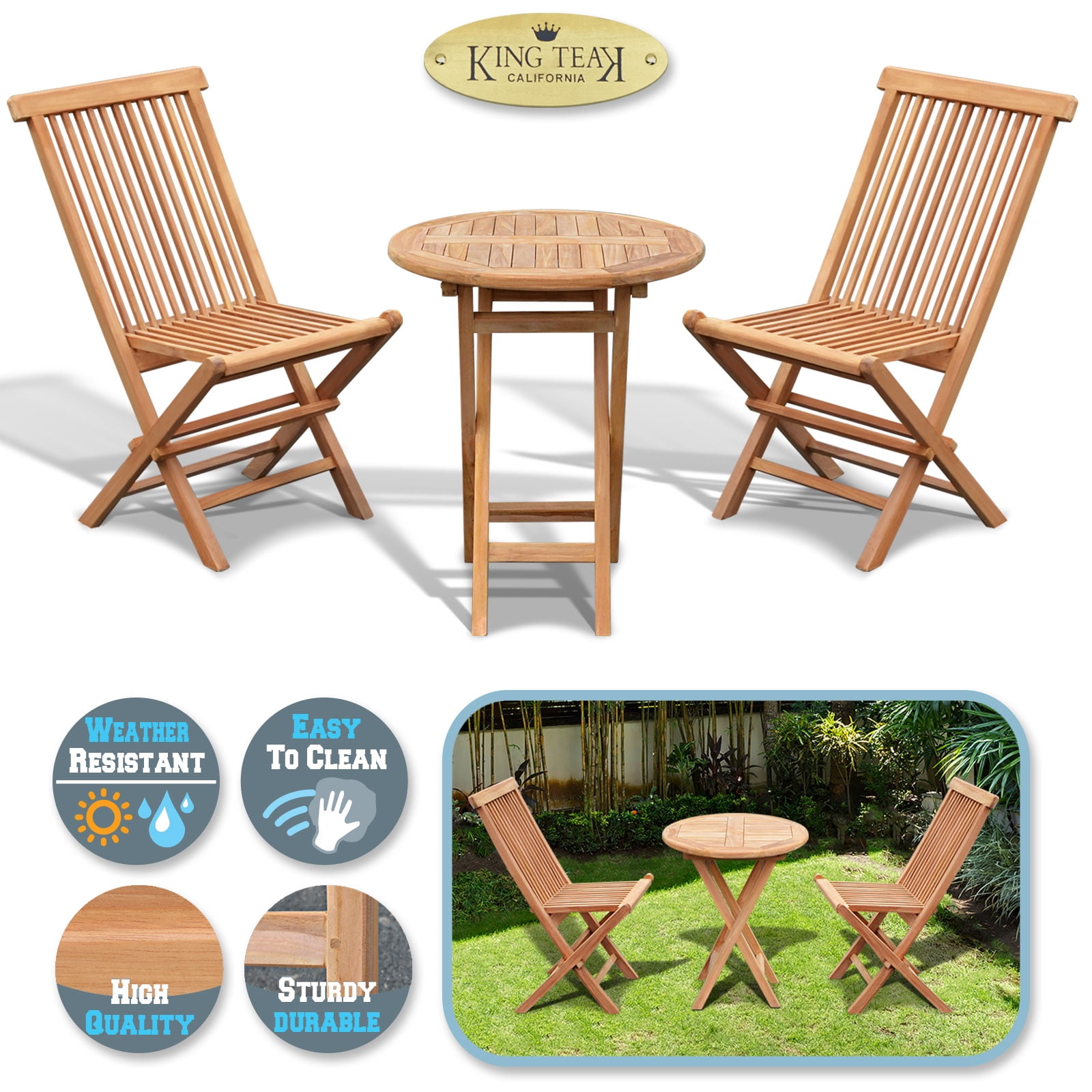 Sunrise 3 Pieses Folding Table and Chairs Teak Wood Patio Bistro Sets