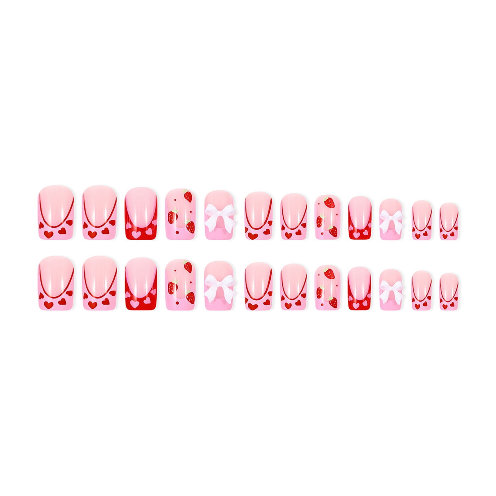 HHBEAUTY White French Tip Press on Nails Square Short Fake Nails With 3D Pink Bow Designs Strawberry False Nails Pink Full Cover Stick on Nails Acrylic Artificial Nails for Women Girls