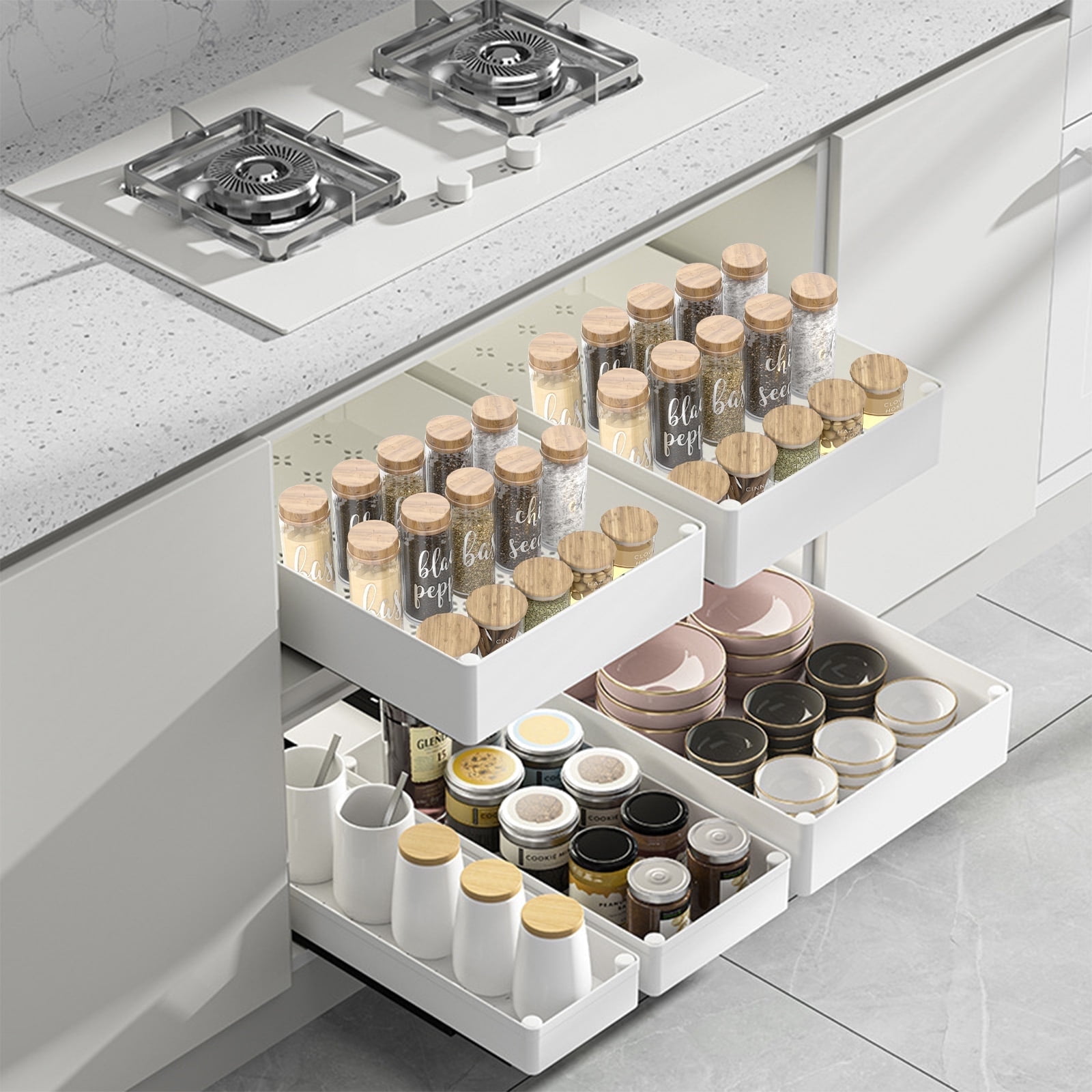 3PCS Pull Out Cabinet Organizer Adhesive with Nano Film,Slide Out Drawers Adhesive Heavy Duty Storage Drawer Shelf with 3PCS Divider Racks for Kitchen Pantry Bathroom Home
