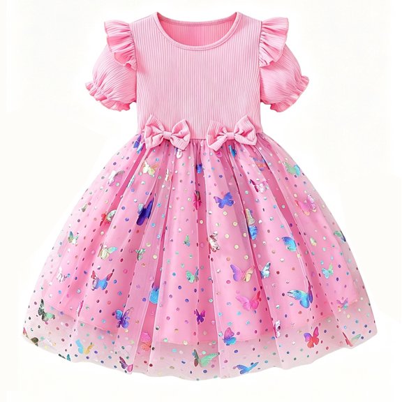 IPIO Toddler Girls Butterfly Mesh Dress, Princess Birthday Dress with Puff Sleeves for Summer Party, Everyday Wear 2t tutu