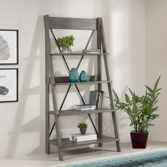 4 Shelf Modern Farmhouse Solid Wood Ladder Bookshelf and Storage - Grey