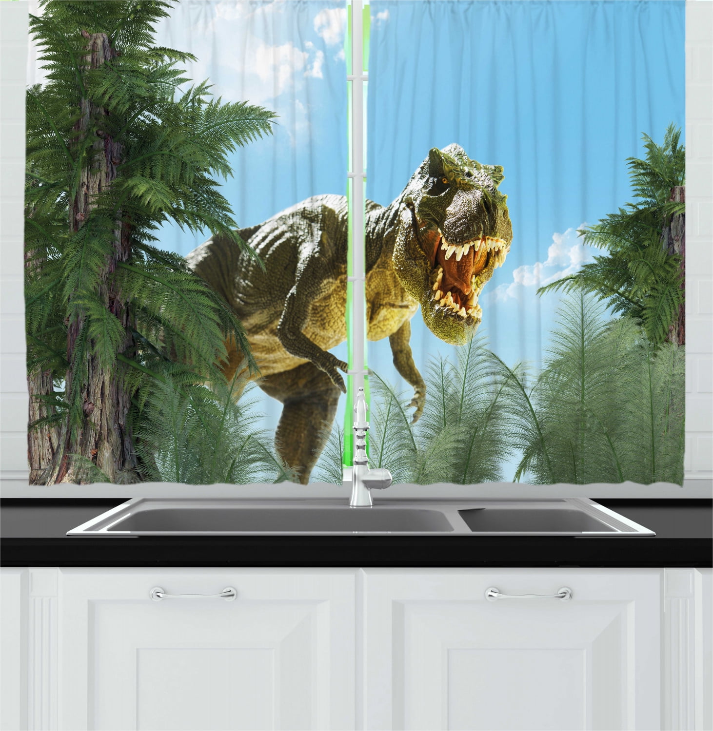 Fantasy Curtains 2 Panels Set, Giant Dinosaur in Forest Jurassic Monster Fossil Creature Digital Design, Window Drapes for Living Room Bedroom, 55W X 39L Inches, Sky Blue Fern Green, by Ambesonne