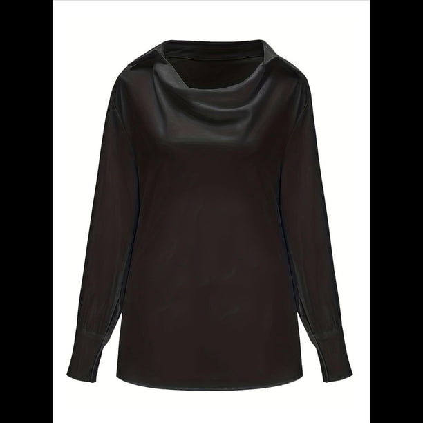 Blusa Elegante de Satén de Seda para Mujer, con Cuello Vuelto, Fruncido en la Parte Delantera, Drapeada, Larga, para Oficina y Trabajo. Negro M