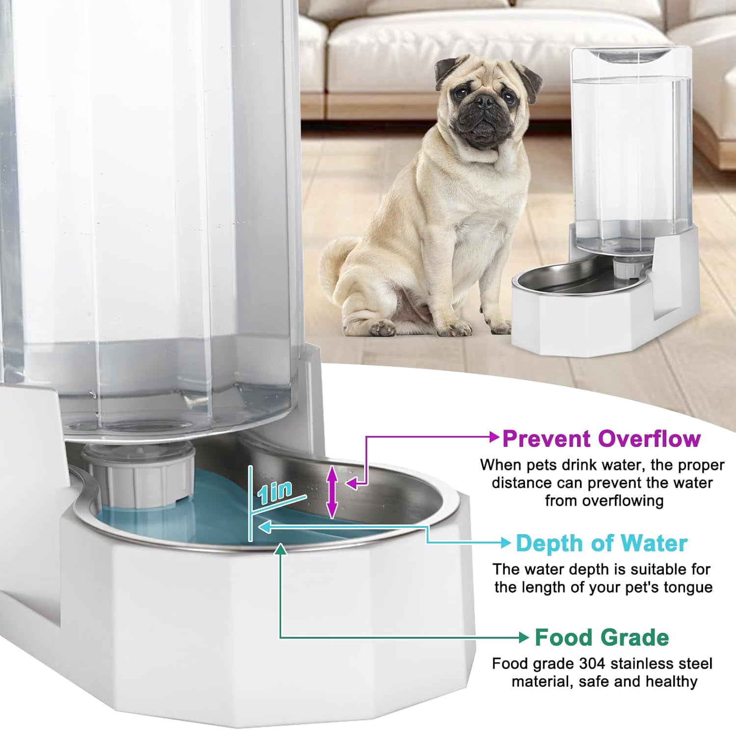 Automatic Pet Water Dispenser: 8L White Gravity Stainless Steel Water Bowl - with Specialized Brush - Angular Water Feeder for Senior Pet Dogs with Neck Pain Relief in Living Room Bedroom
