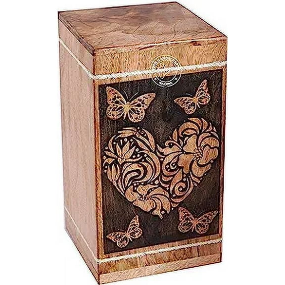 Handcrafted Heart Floral Wooden Urns for Human Ashes Adult Large - Butterfly Cremation Urn for Ashes -Burial Urn for Columbarium - Funeral Urn Box (250 LB - Hardwood, Flower)
