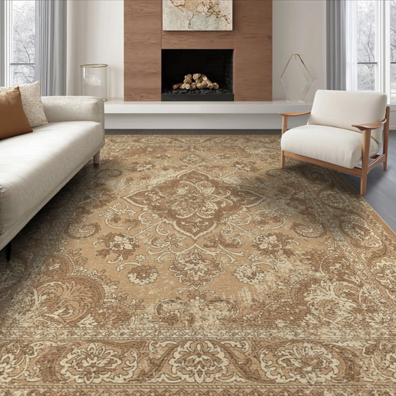 ODIKA 8'x10' Washable Area Rug Tan Throw with Vintage Medallion Distressed Floral Scrolls and Ornate Border for Dining Room, Large Office, Lounge, Non-Slip Chair-Friendly Mat
