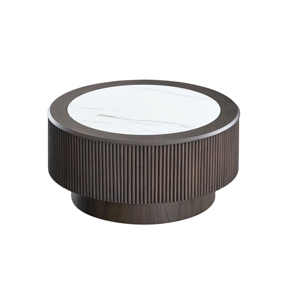 31.5 inch Modern Faux Marble Pattern Stickers Coffee Table Round Coffee Table for Living Room,Small Table with Sturdy Pedestal,Dark Brown