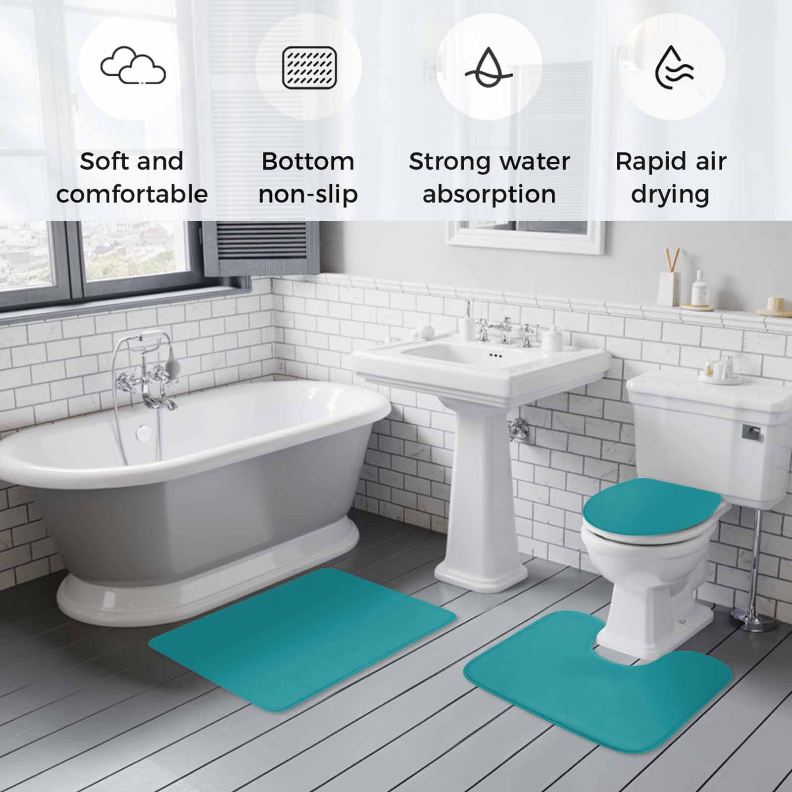 Teal Bath Mat 3 Piece Bathroom Rug Set, Turquoise Pure Teal Non Slip Bath Rug Contour Mat and Toilet Lid Cover, Absorbent Shower Mats Soft Bath Rugs and Mats Sets