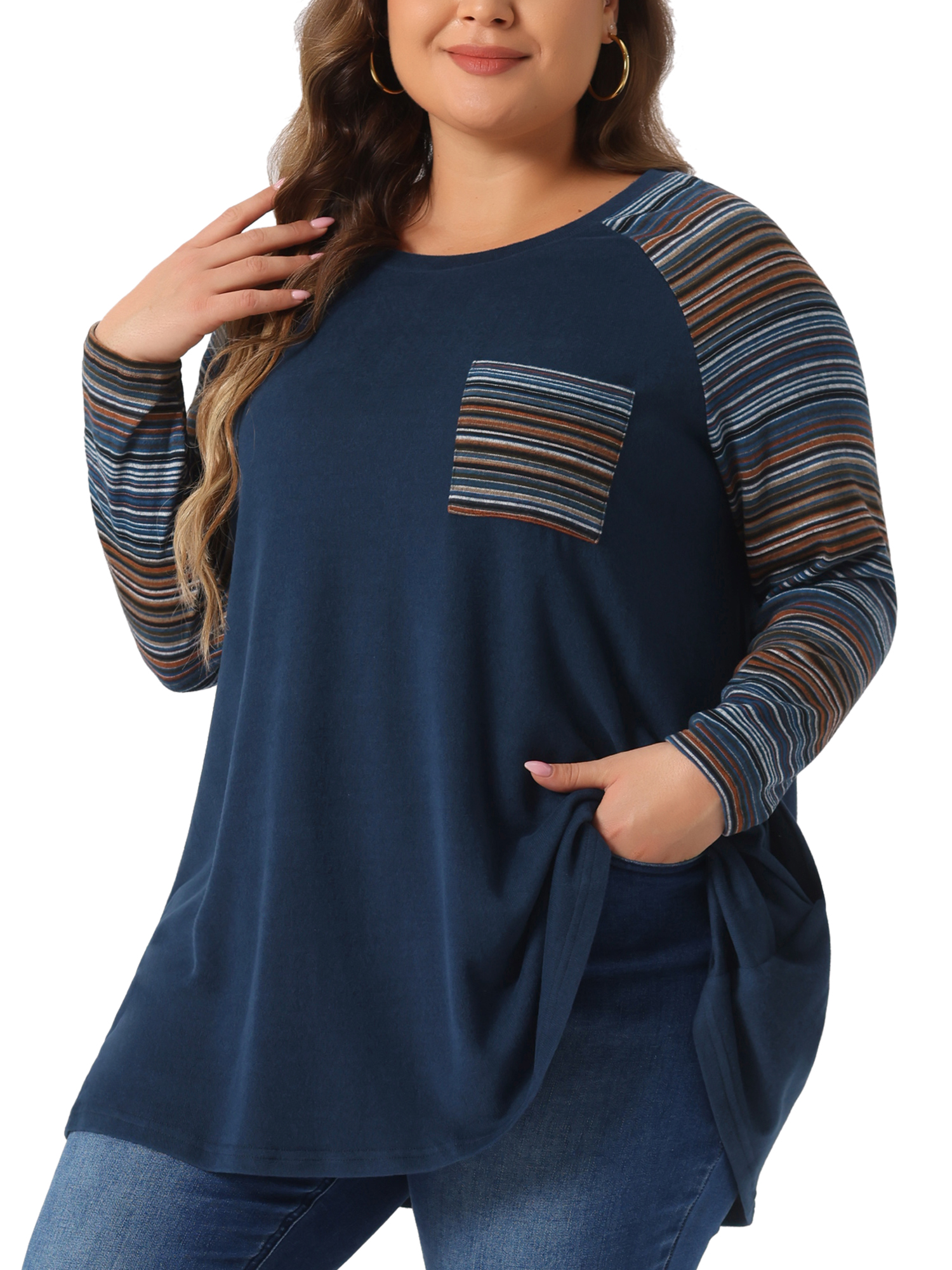 DARING DIVA Women's Plus Size Long Sleeve Color Block Knit Tunic 2X Navy Blue