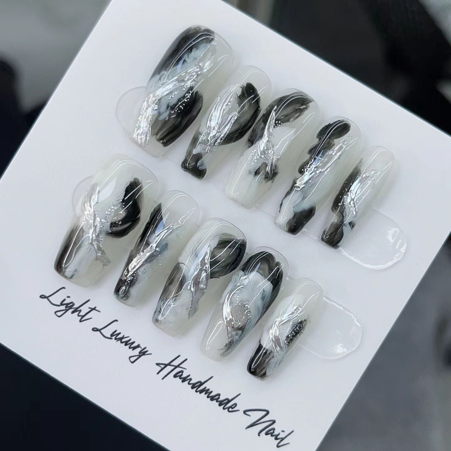 [Original real shot] Ink black and white smudging light luxury handmade wearing nail piece light luxury pure handmade high quality control nail