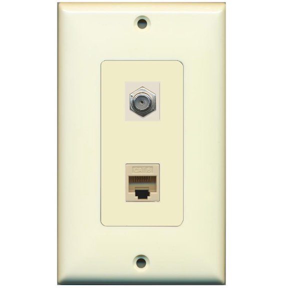 RiteAV - 1 Coax Cable TV F and 1 Cat6 Ethernet Wall Plate Decorative - Light Almond/Light Almond
