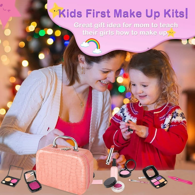 Kids Pretend Makeup Kit with Cosmetic Bag for Girls 3-10 Year Old -  Including Pink Brushes,Eye Shadows, Lipstick,Mascare,Gittler Pot, Liquid  Foundation,Nail polish bottle and More(Not Real Makeup) 