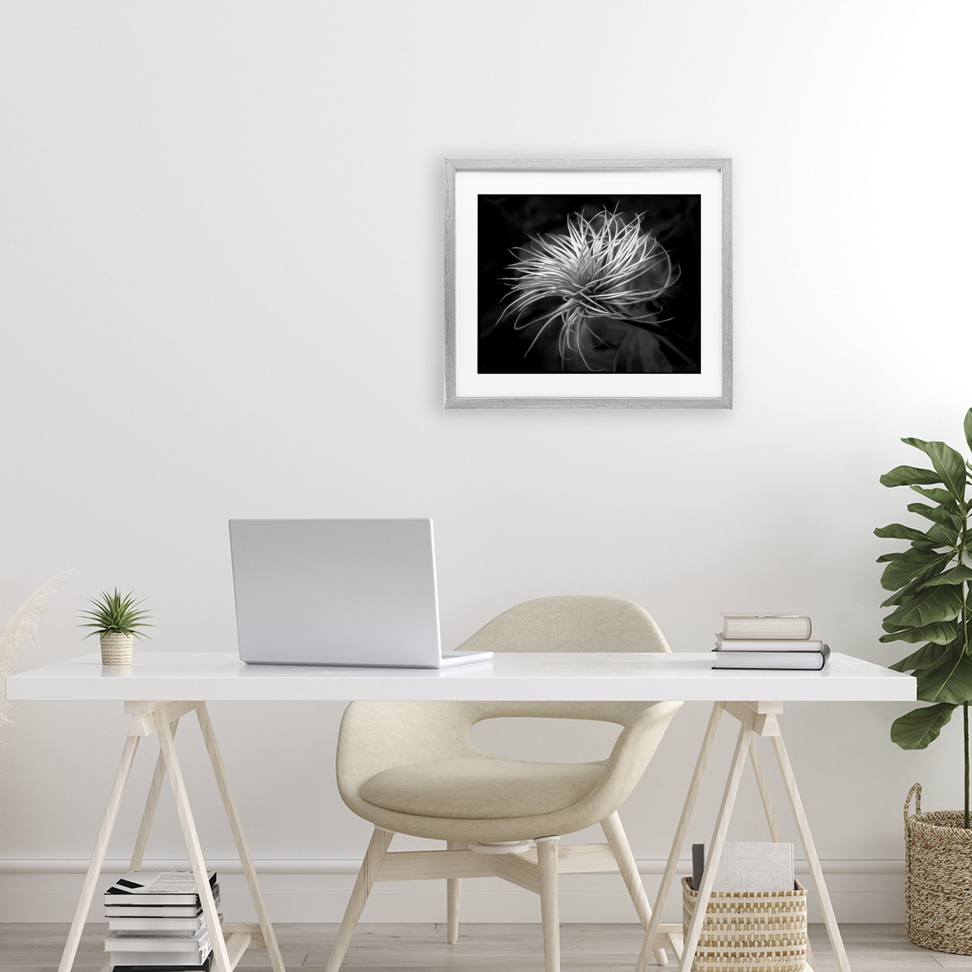 Twisting Botanical Leaves Contrast Gray Framed Print Under Glass, design by Phillip Flowers