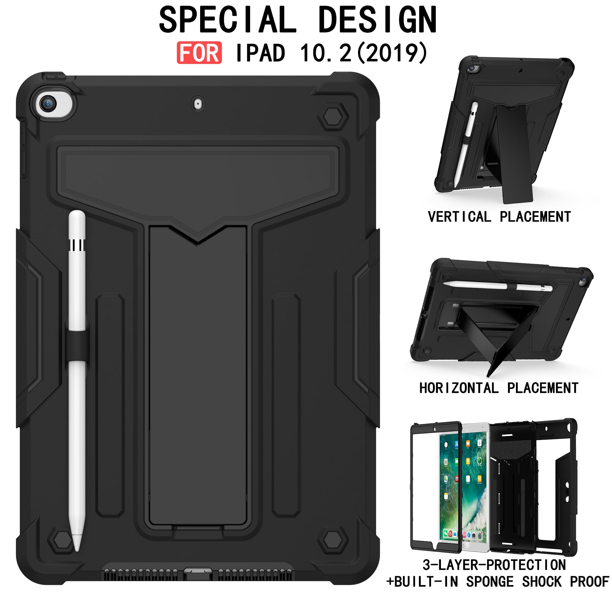 Allytech iPad 7th Generation Cases, iPad 10.2" 2019 Case Heavy Duty Hybrid PC + Silicone Drop