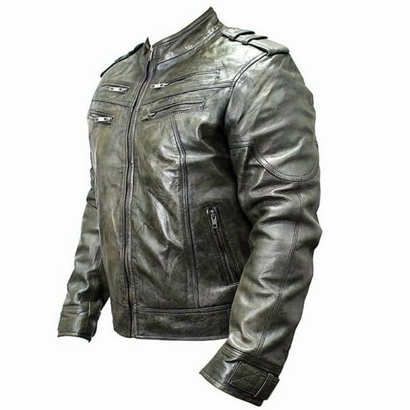 Perrini New Men's Genuine Sheep Skin Leather Fashion Jacket Green 4 Zipped chest Pocket