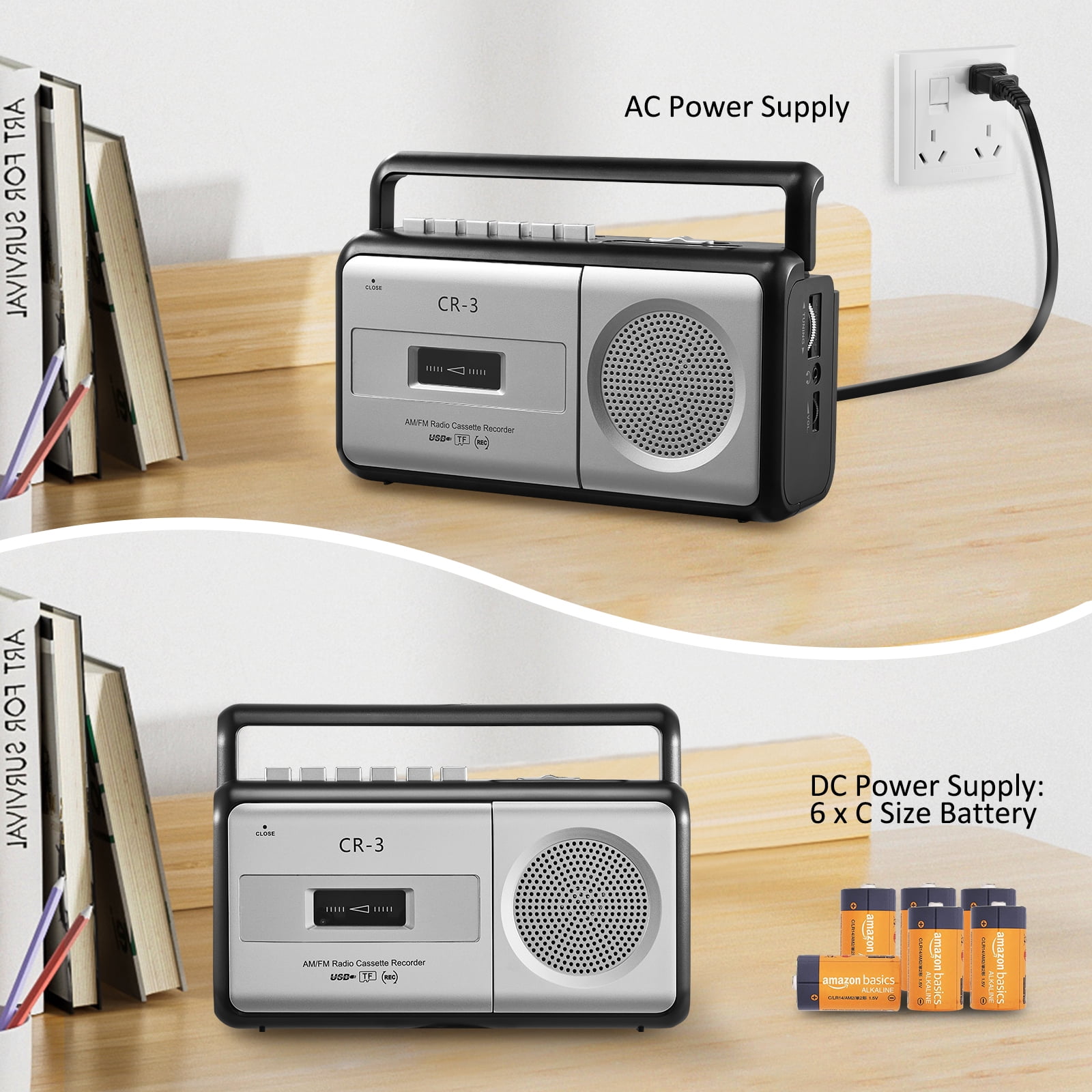 Portable Cassette Player Boombox AM/FM Radio Stereo, Casette Tape Player Recorder with Earphone Jack Battery Operated or AC Powered