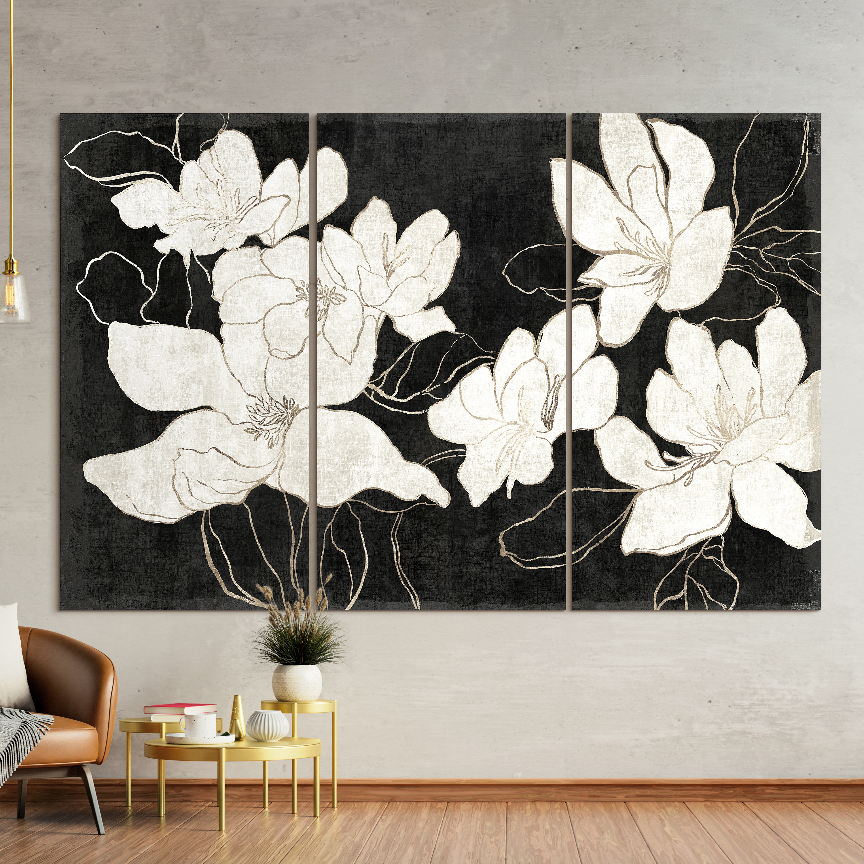 "Floral Elegance Trio" White Flower Frameless Free Floating Reverse Printed Tempered Glass Wall Art