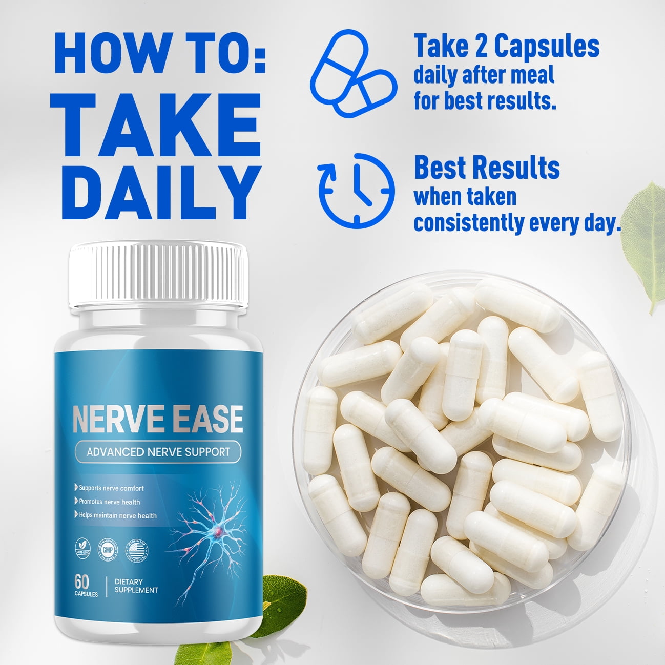 Nerve Ease Advanced Nerve Health Support Pills Natural Vitamin Supplement NerveEase 120 Capsules