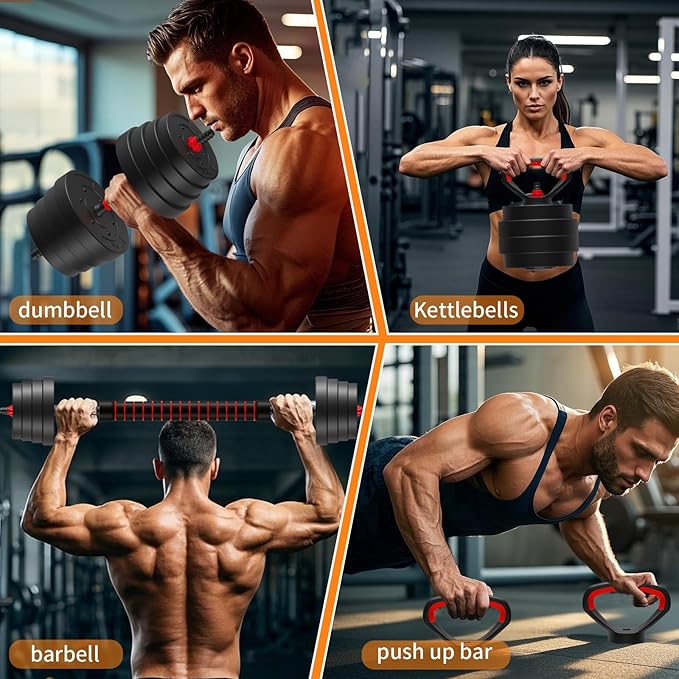 4 in 1 Adjustable Dumbbell Set 90LB for Women & Men, Convertible Free Weights for Home Gym, All-in-One Fitness Equipment as Kettlebell, Barbell, Push-Up Bar for Full Body Workout, Space Saving Design
