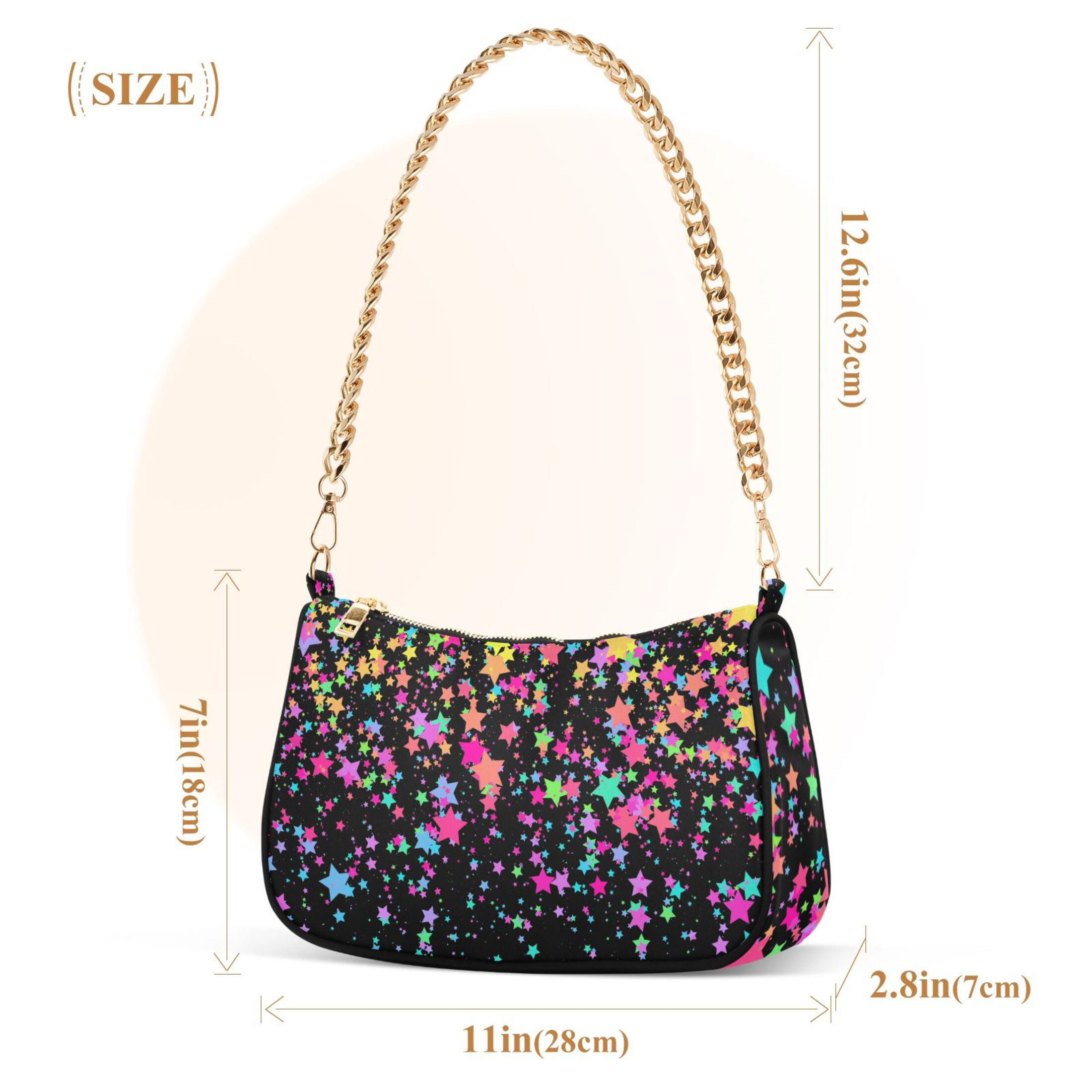 Black with Colorful Stars Womens Chain Shoulder Bag Tote Handbag Clutch Hobo Purse with Zipper for Travel Casual