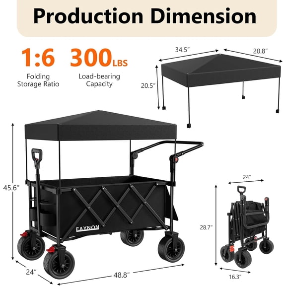 3 in 1 Collapsible Wagon with 300lbs Capacity, 150L Heavy Duty Utility Cart with Removable Canopy & All-Terrain Wheels