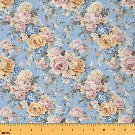 Homewish Retro French Flower Fabric by the Yard 1 Yard, Blue Pink Floral Room Decor Fabric by the Yard, Kids Western Countryside Sewing Fabric, Luxury Bedroom Decor