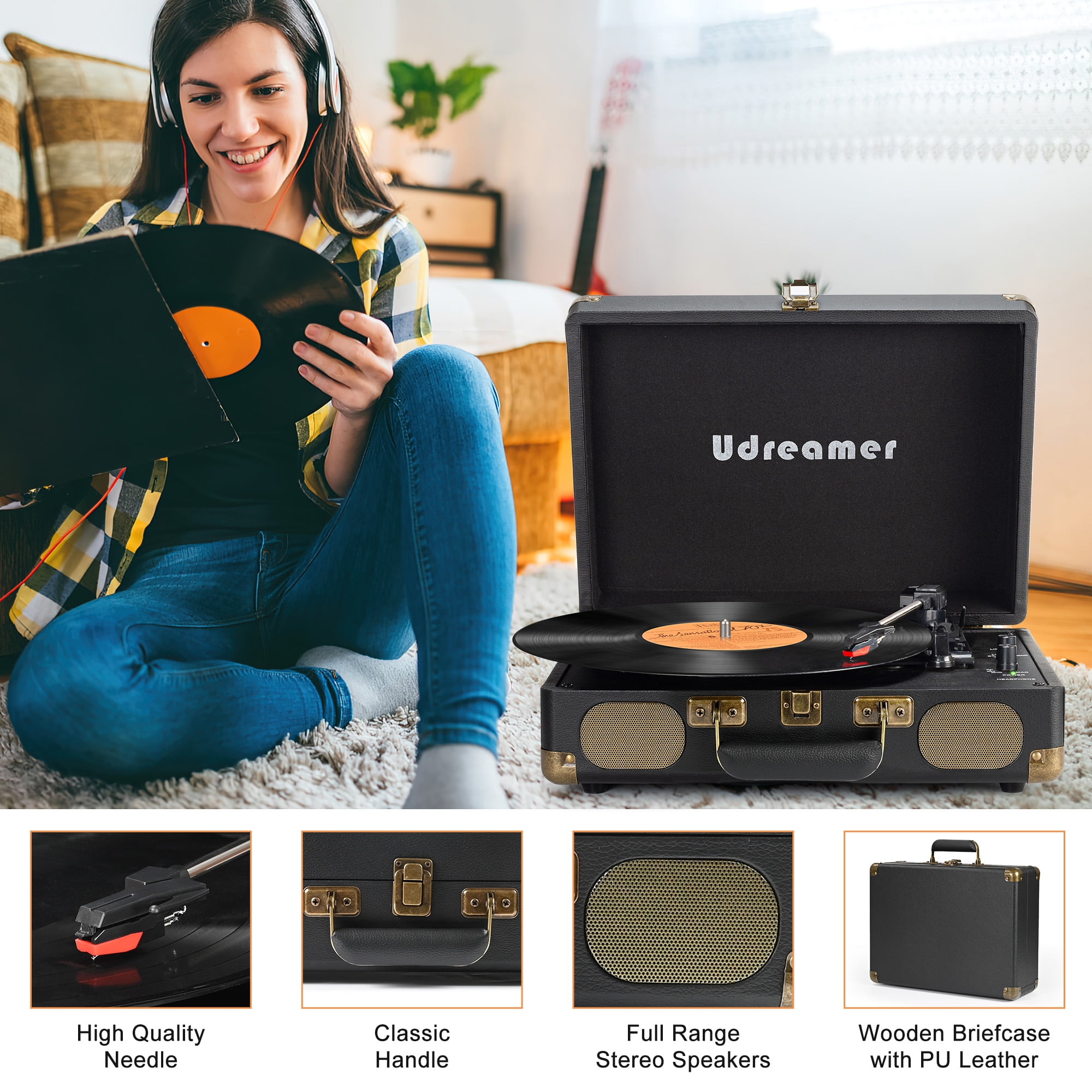 Udreamer Vinyl Record Player with Speakers,Turntables for vinyl records,Portable Suitcase Vinyl Player (tocadiscos de vinilo),Black