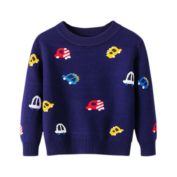 Boys Sweater Kids Cartoon Cars Prints Long Sleeve Warm Knitted Pullover Knitwear Girls' Sweaters Dark Blue 2 Years-3 Years