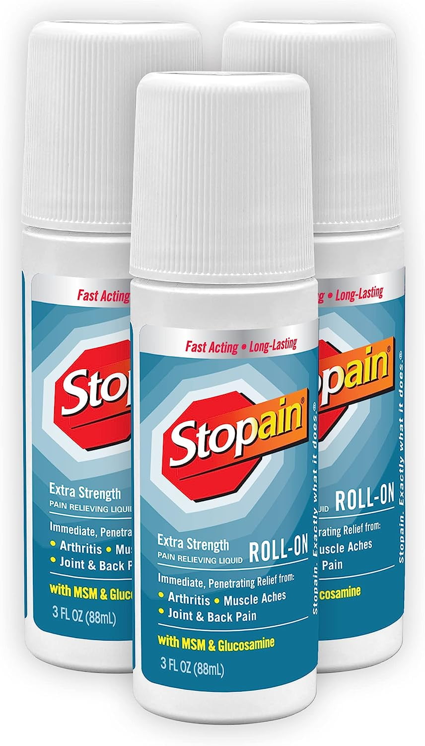 Stopain Pain Relief Roll On Gel 3Oz (3 Pack) USA Made, Max Strength