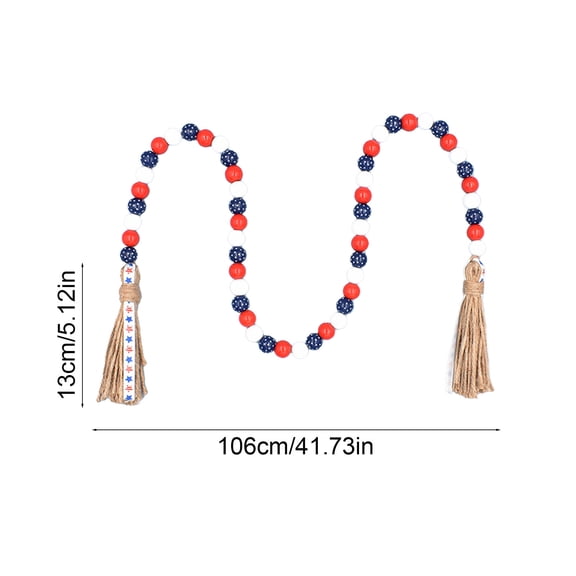 Wood Bead Garland with Rustic Tassels, Patriotic Farmhouse Wall Hanging Prayer Beads, American Independence Day 4th of July Ornaments for Home Decor