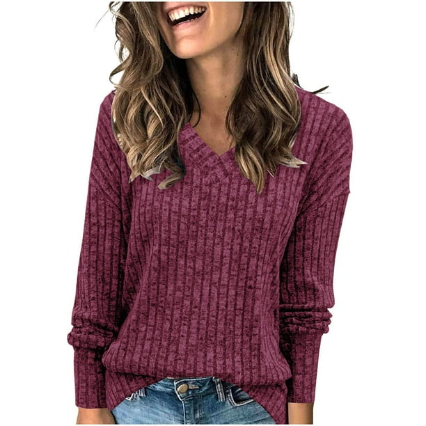 Suéter de cuello en V para mujer, suéter informal de invierno de color liso, cuello alto, manga larga, tejido suelto, suéter para mujer